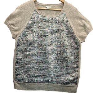 J Crew Tan Metallic Panel Short Sleeve Scoop Neck Sweater Women Medium